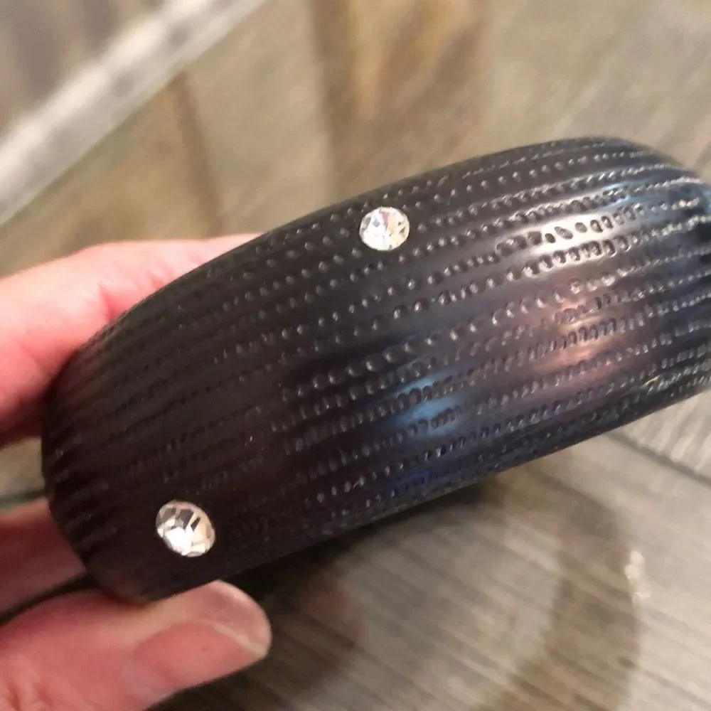Vintage Black Textured Acrylic Bangle with Cut Glass Rhinestones 9”, approx